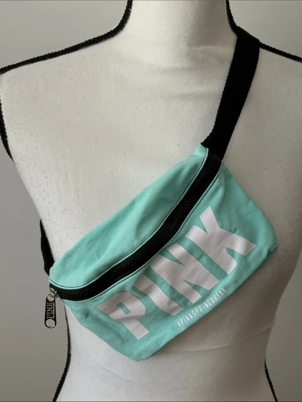 PINK Victoria's Secret Mint Canvas Crossbody Bag with Black Strap